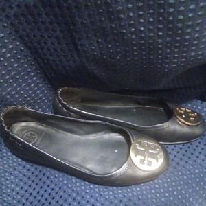 Tory Burch Black Flats with Gold Logo
